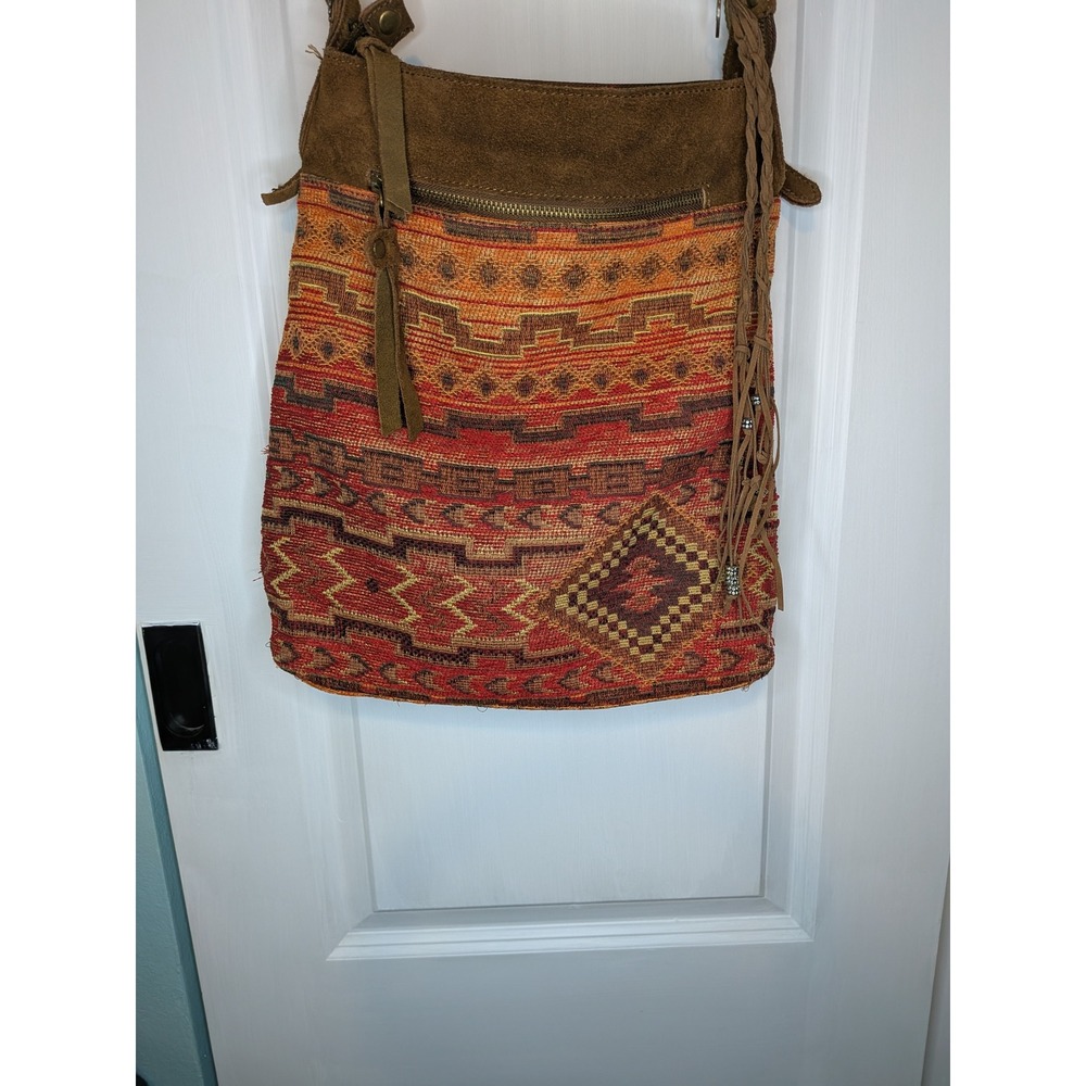 Lucky Brand Southwestern Tapestry Suede Crossbody Bag Red Orange Boho Fringe